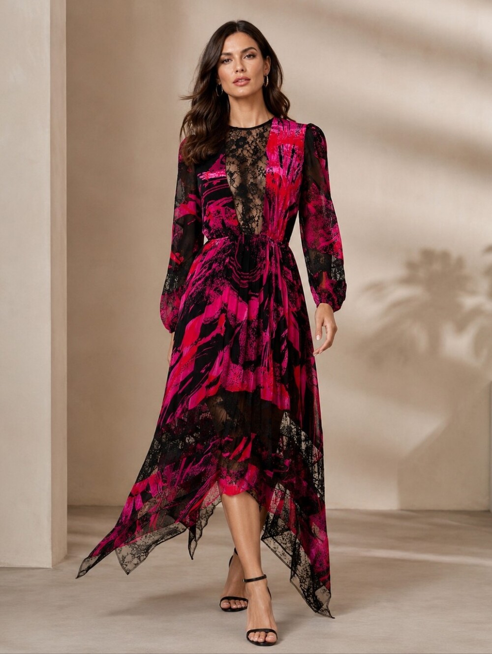 NWT BCBGMaxAzria Lace Velvet Asymmetric Magenta Red Black Long Maxi Dress Sz XS